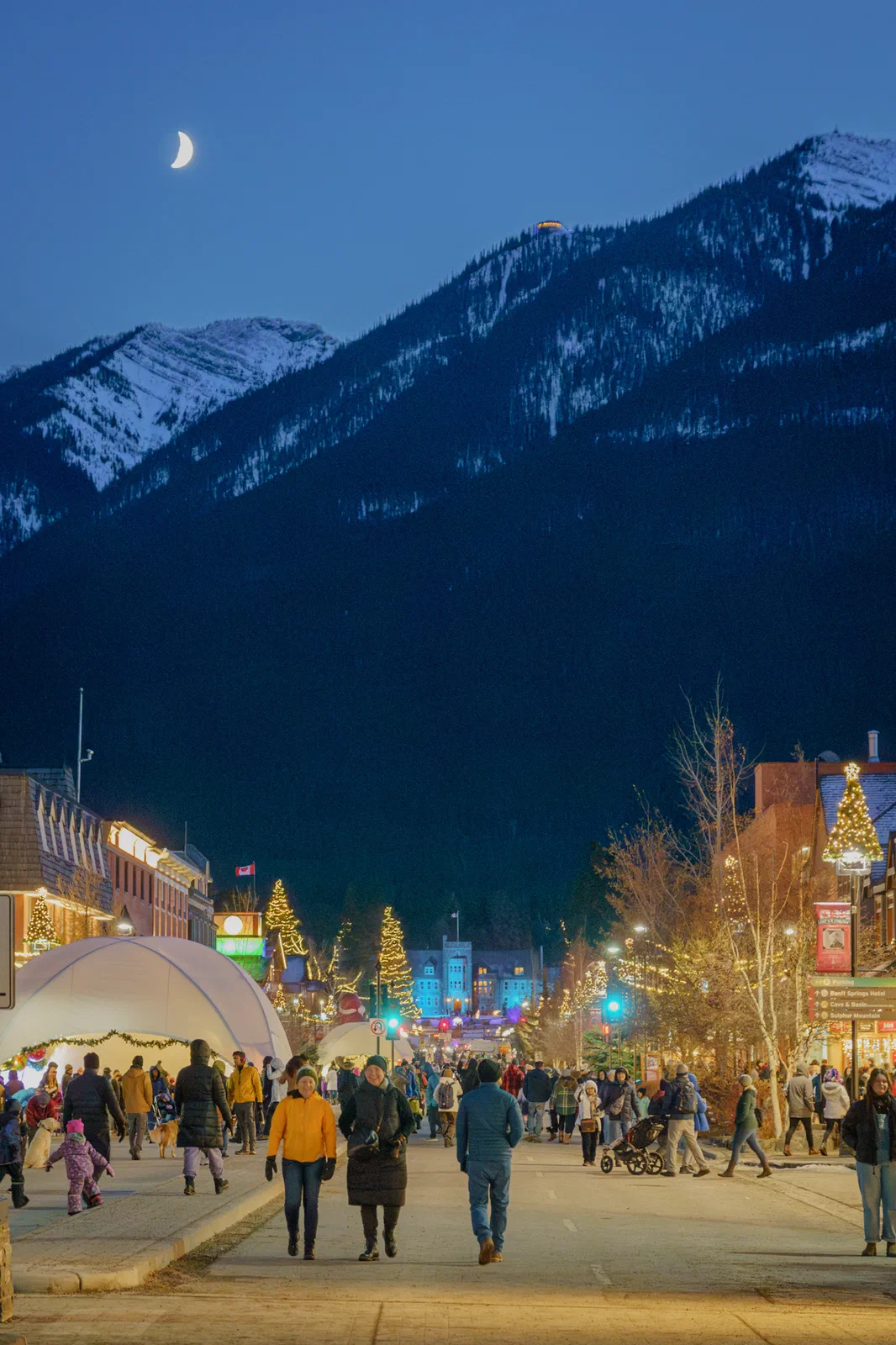 Moon over Sulphur Mountain at Banff Santa Claus Celebration of Lights